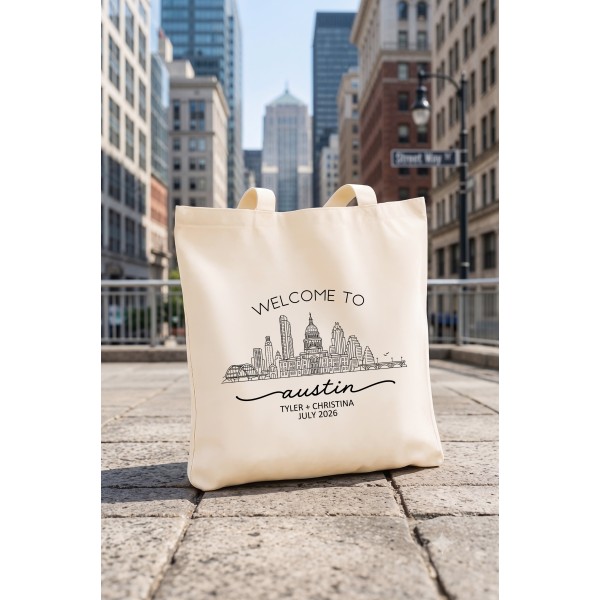 Personalized Austin Skyline Tote Bag, Wedding Welcome Favor Bag