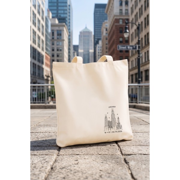 Minimal Chicago Skyline Wedding Tote Bag | Personalized Wedding Favor | Chicago Wedding Welcome Tote Bags