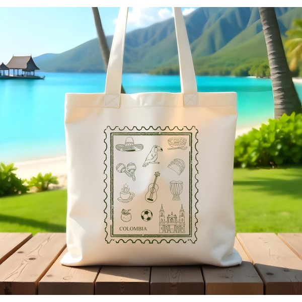 Colombia Stamp Tote | Wedding Welcome Bag | Handrawn Doodled Tote | Destination Wedding Tote bag | Wedding Guest Favors | Wedding Tote Bags